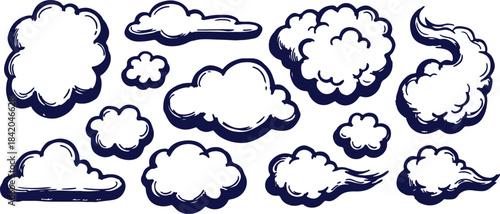 Cloud vector cloud outline vector set with eleven whimsical cloud icons including puffy, swirly, rounded, and elongated cloud shapes with thick dark blue outlines on white background