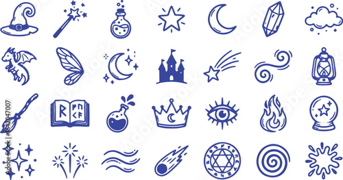 Vector magical doodle art featuring witch hat, wand, potion, moon icons in whimsical line style for fantasy, magic, illustration themes