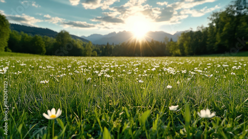 Fototapeta Naklejka Na Ścianę i Meble -  Sunlit meadow daisy field grass sunrise scenic mountain horizon peaceful light