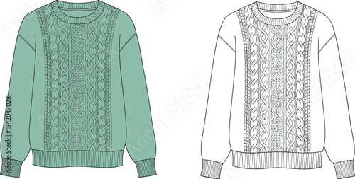 Technical drawing of a cable knit pullover sweater with ribbed cuffs and hem, perfect for fashion design, apparel technical packs, and garment mockups.