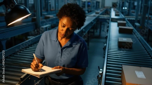 A person writes in a notebook while inspecting packages on a conveyor in a warehouse at night