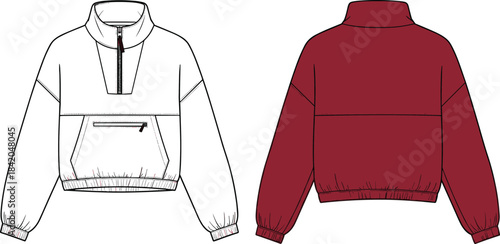 Cropped pullover sweatshirt technical drawing with front half-zipper, pouch pocket, and high mock neck, ideal for apparel design and fashion illustration templates.