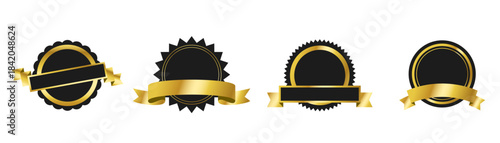 Blank premium badge and ribbon set for branding – black and gold luxury emblem style, vector illustration