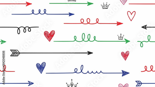 Hand Drawn Arrows and Hearts Seamless Pattern.