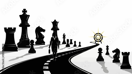 Businesswoman walking on a road towards a target with chess pieces.