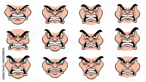 Collection of Angry Cartoon Faces Expressing Rage and Fury.