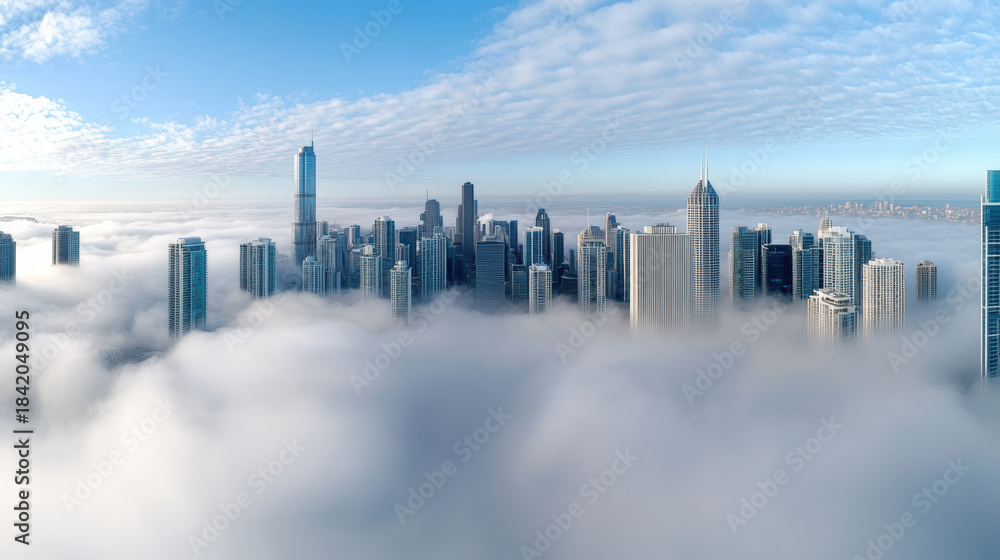 Fototapeta premium Foggy skyline with tall skyscraper emerging above morning cloud layer, serene atmosphere