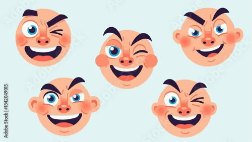 Set of five mischievous cartoon faces with winking eyes and wide smiles.
