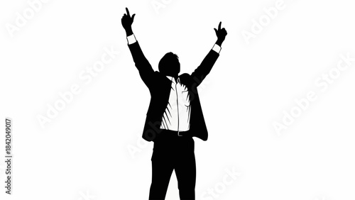 Silhouette of a triumphant businessman raising arms in celebration.