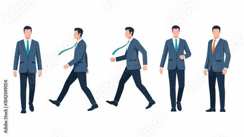 Set of five businessmen in various poses walking and standing.