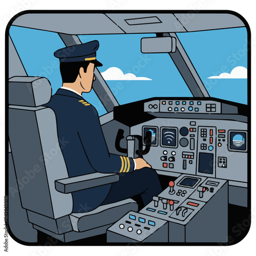  “Pilot in Cockpit Checking Controls”
Flat vector pilot seated in cockpit, simplified buttons and levers, geometric solid shapes, clean aviation theme.