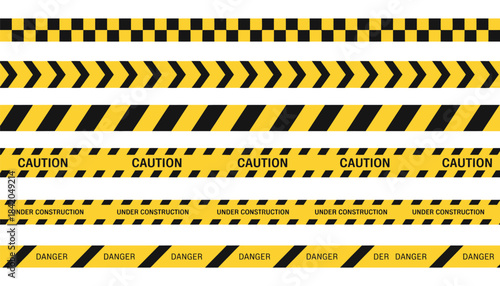 Yellow and black caution tape set, containing danger tapes, warning tape, under construction strips and more, perfect for safety illustrations, hazard signs, construction projects and vector graphics.