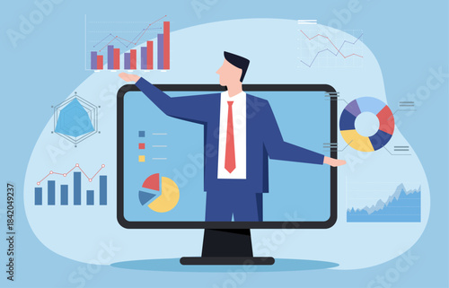 Online presentation webinar, conference or online seminar, consultation or data analyzing meeting, business discussion, financial expertise concept, businessman on computer screen presenting data.