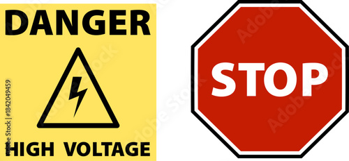 Danger High Voltage and Stop Sign Icons. editable stroke isolated on transparent background