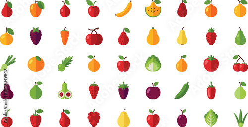 Colorful fruit and vegetable icon set featuring pears, apples, berries, citrus, leafy greens, and more—perfect for stickers, education, menus, and digital projects