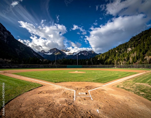 A scenic baseball field lies under a vibrant blue sky with fluffy clouds. Mountains and trees form the backdrop, creating a picturesque setting