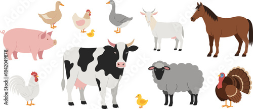 Cute farm animal illustrations including cow, pig, horse, sheep, goat, chickens, ducks, turkey, and goose—perfect for kids’ books, prints, and education projects