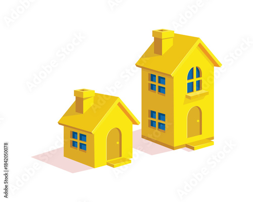 Two bright yellow isometric houses with blue windows and simple geometric shapes, creating a playful and modern 3D  style