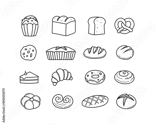 Simple black and white bakery icon set featuring various breads, pastries, and sweets drawn in a clean, minimal line-art style.
