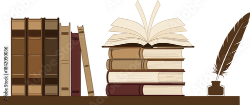 Vintage bookshelf with stacked books, open book, quill and ink illustration for libraries, reading themes, literature projects, classroom décor, and crafts