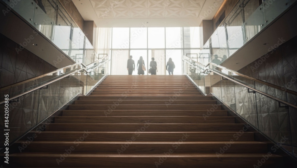 Fototapeta premium Silhouetted people ascend grand wooden stairs towards bright window light