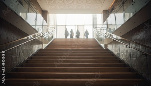 Silhouetted people ascend grand wooden stairs towards bright window light