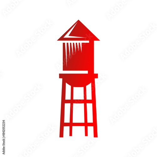 A graphic illustration of a red water tower with a conical roof and a sturdy support structure, set against a white background.