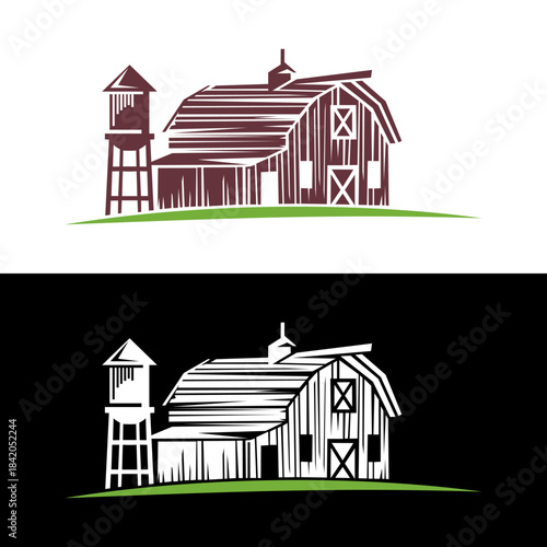 A stylized illustration of a rustic red barn and a water tower on a green field, presented in two color variations, suitable for a logo or icon.
