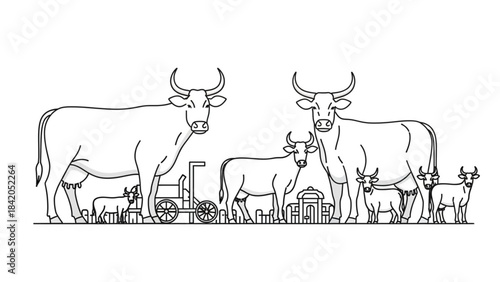 Rural Farm Animals Graphic Set – Minimal Cow and Calf Line Drawing Vector