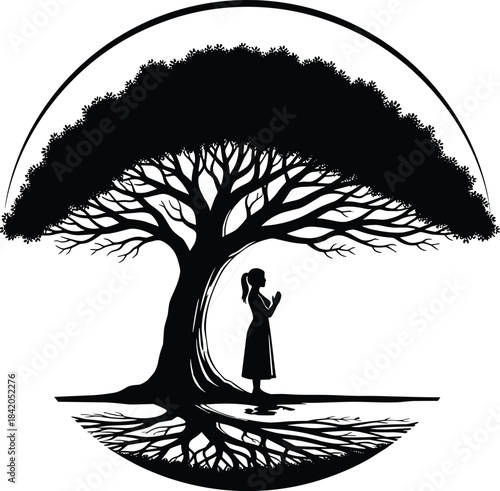Black Silhouette of a Woman Praying Under a Large, Majestic Tree of Life with Visible Roots Encased in a Circle, Symbolizing Nature, Spirituality, and Connection
