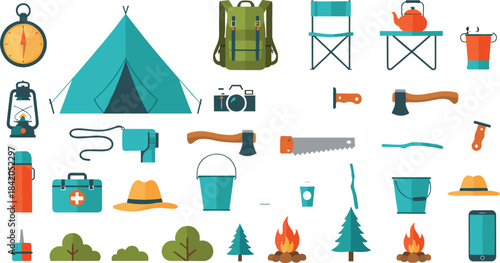 Camping equipment vector set featuring tents, tools, backpacks, campfire elements, and outdoor gear for hiking adventures, survival illustrations, and travel designs
