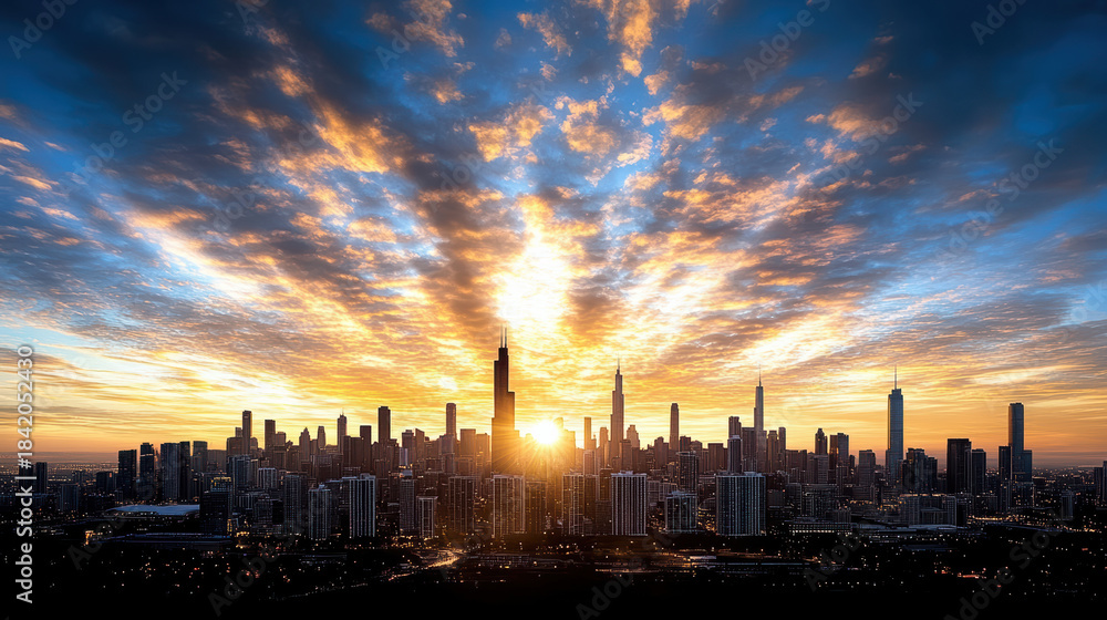 Naklejka premium Sunrise skyline with dramatic clouds and warm light