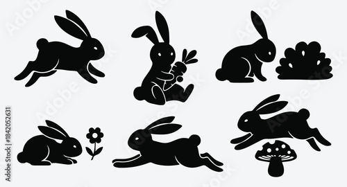 Black Rabbit Silhouette Icon Set