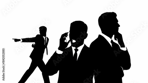 Silhouettes of three businessmen in suits, one pointing, one on phone, one thinking.