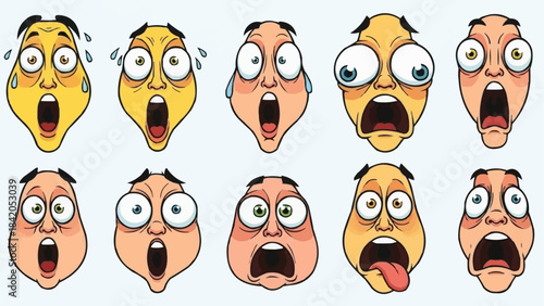 Collection of cartoon faces expressing shock and surprise with wide open mouths and eyes.