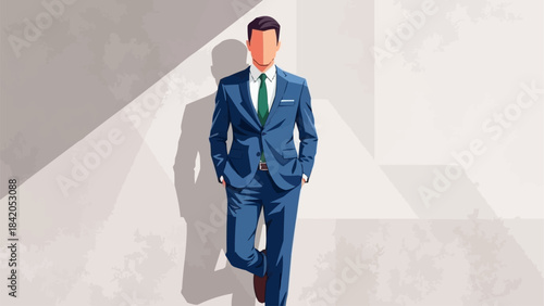 Confident Businessman in Blue Suit with Green Tie Standing Tall.