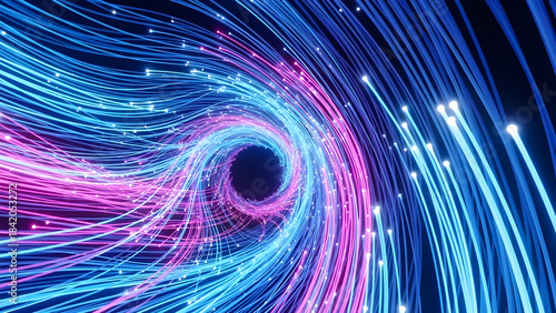 Fototapeta Naklejka Na Ścianę i Meble -  Abstract swirling vortex of glowing blue and pink fiber optic light trails creating a tunnel effect representing data flow or digital technology concept