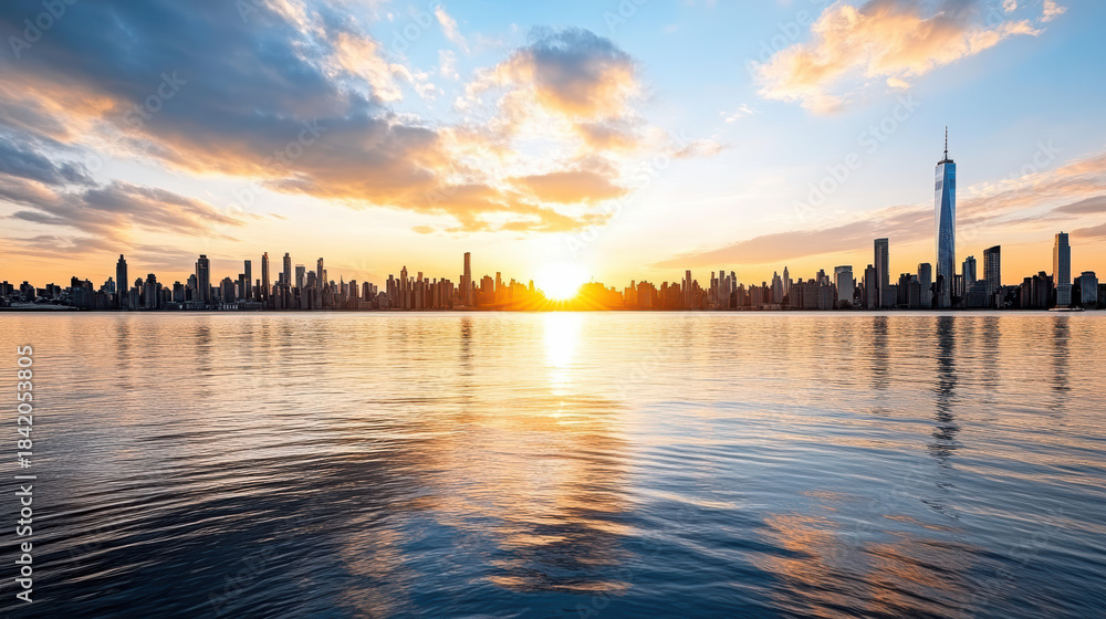 Obraz premium Warm sunset glow washing over skyline with reflective water and dramatic clouds