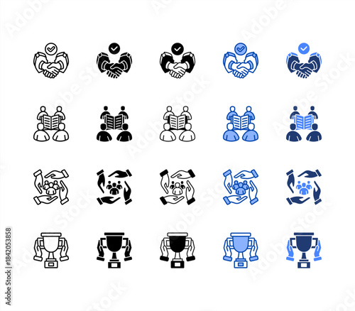 Trust, Learning center, Engage employee, Recognition multiple style icon set.