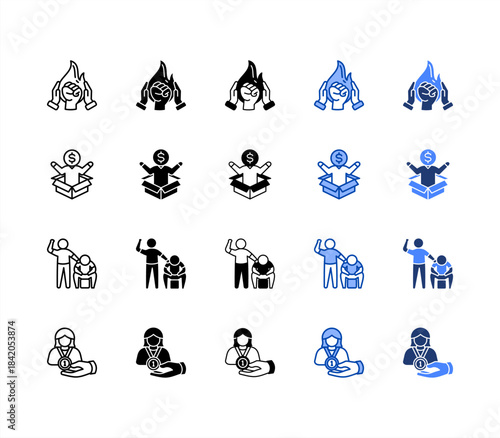 Team spirit, Incentive, Support, Rewards multiple style icon set.