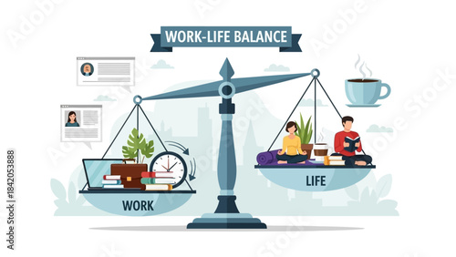 Illustration of a balanced scale representing work-life balance, with work elements on one side and life elements on the other.