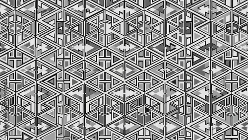 Intricate geometric pattern composed of interlocking triangles and rhombuses in grayscale.