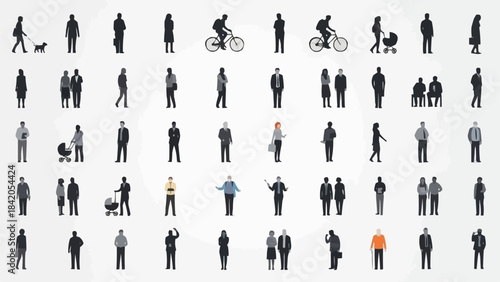 Diverse collection of people silhouettes in various poses and activities.