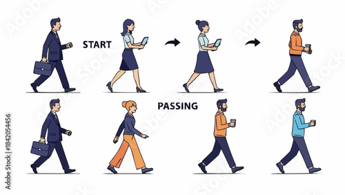 People walking with phones and bags in a sequence showing movement.