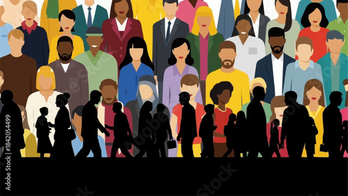 Diverse group of people standing together in a crowd.