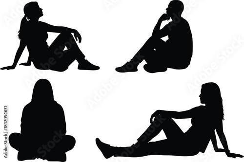 Seated human silhouette vector set, sitting pose clipart, black figure illustration, relaxed posture design, meditation position graphic, minimal body shapes