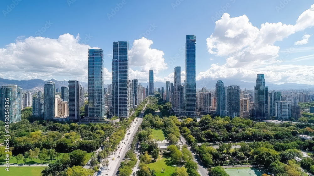 Fototapeta premium Skyline park avenue lined with trees and modern skyscraper towers under dramatic clouds