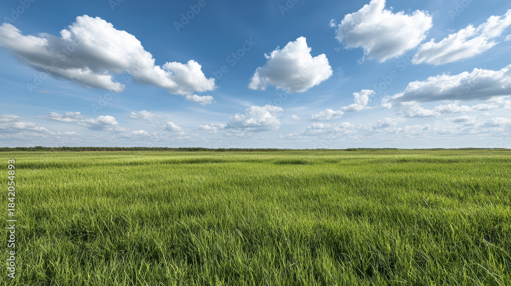 Obraz premium Wide grassland cloudscape with bright blue sky and peaceful natural mood