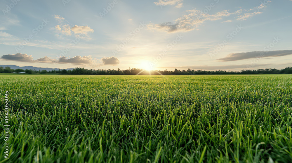 Obraz premium Wide field sunrise grass horizon sky morning dew meadow sunbeam clouds