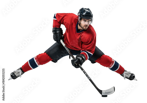 Hockey player in red jersey isolated on transparent background